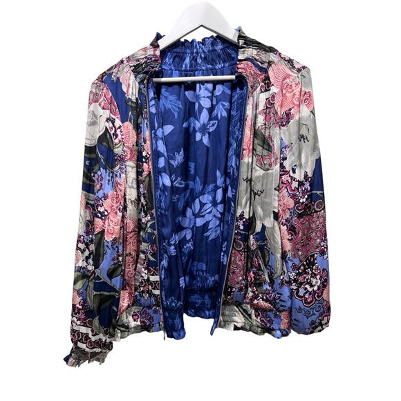 Chicos Wmns Reversible Floral Print Silky Bomber Jacket Full Zip Measures Large - Picture 3 of 12